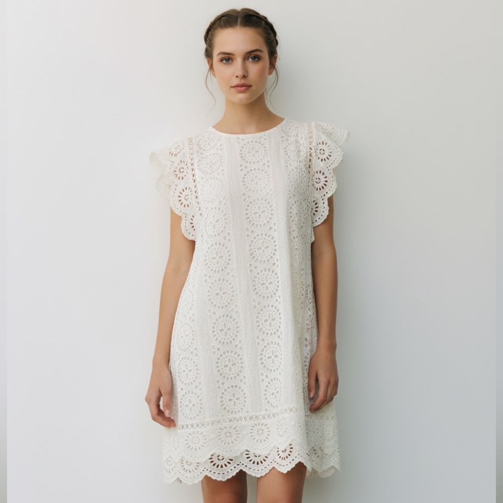 Zimmermann Ivory Eyelet Mini Dress Bateau Neck Scalloped Lace Size 1 (S) - Picture 2 of 14